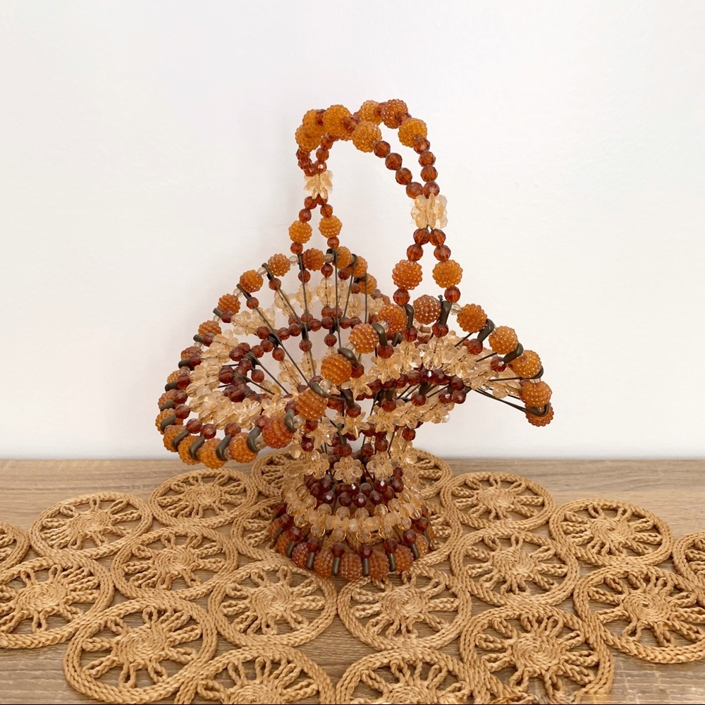 Vintage Handmade Orange Beaded Safety Pin Basket